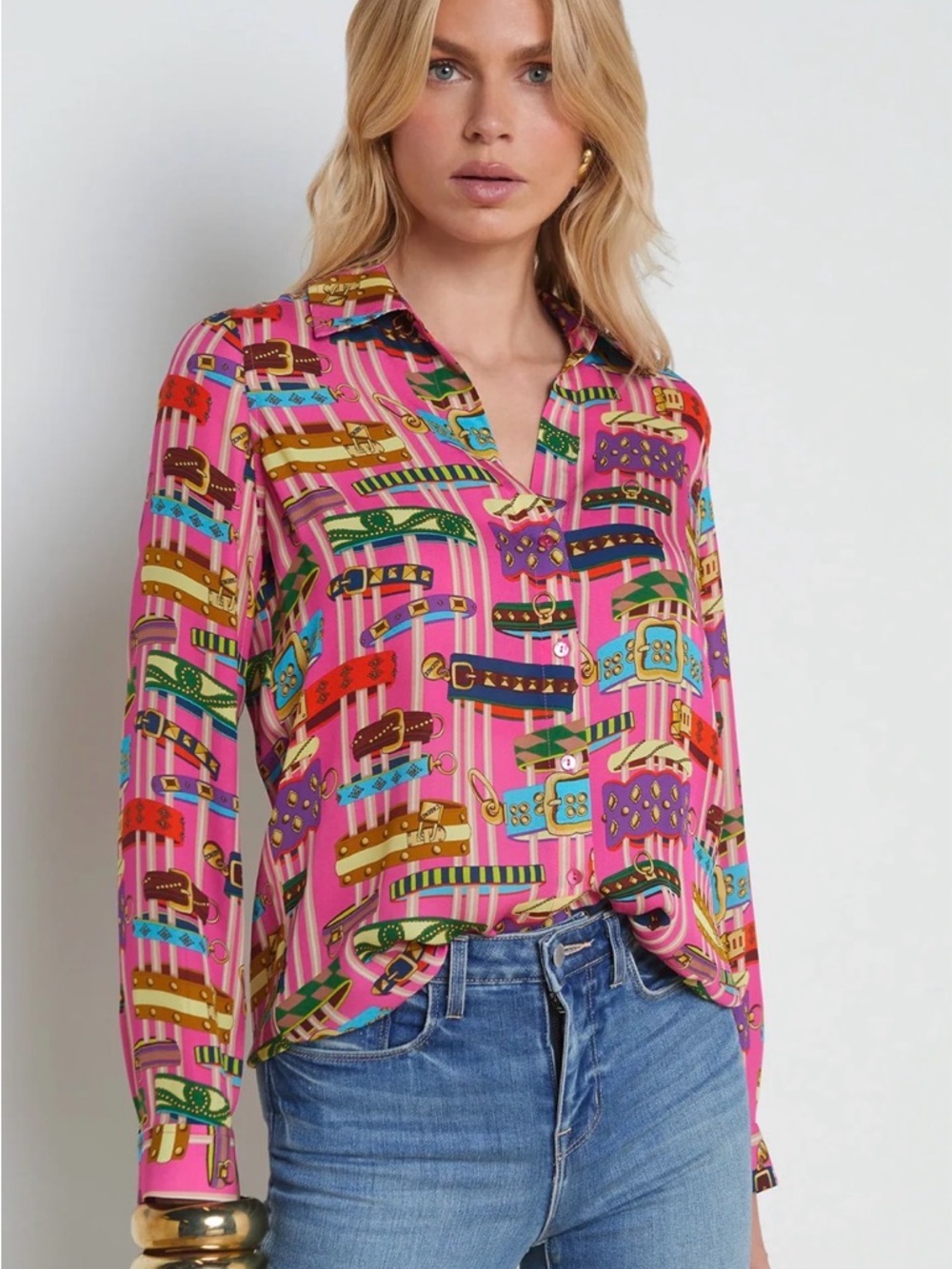 L’agence Multicolor Belt-Print Button Down Silk Blouse Size Large